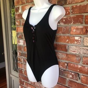 PINK by Victoria Secret black lace front one piece swimsuit size medium